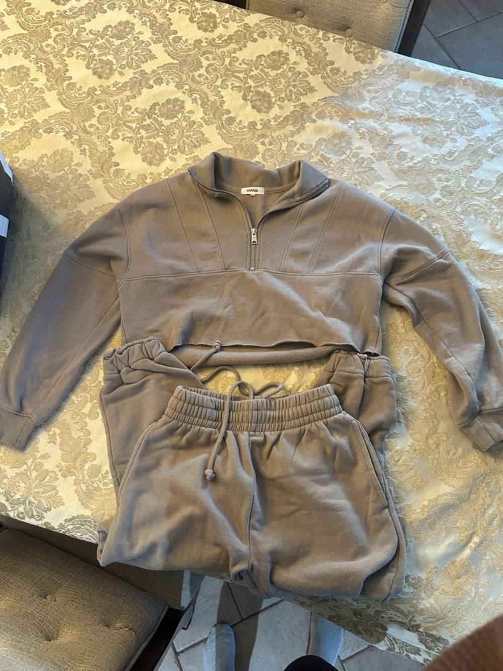 Cozy Garage crop Taupe Half-Zip Sweatshirt & sweatpants Set